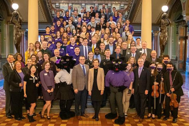 UNI Day at the Capitol: UNI President Mark Nook, faculty, staff, students, Governor Kim Reynolds and Lt. Governor Adam Gregg and some legislators on the grand staircase of the Iowa State Capitol