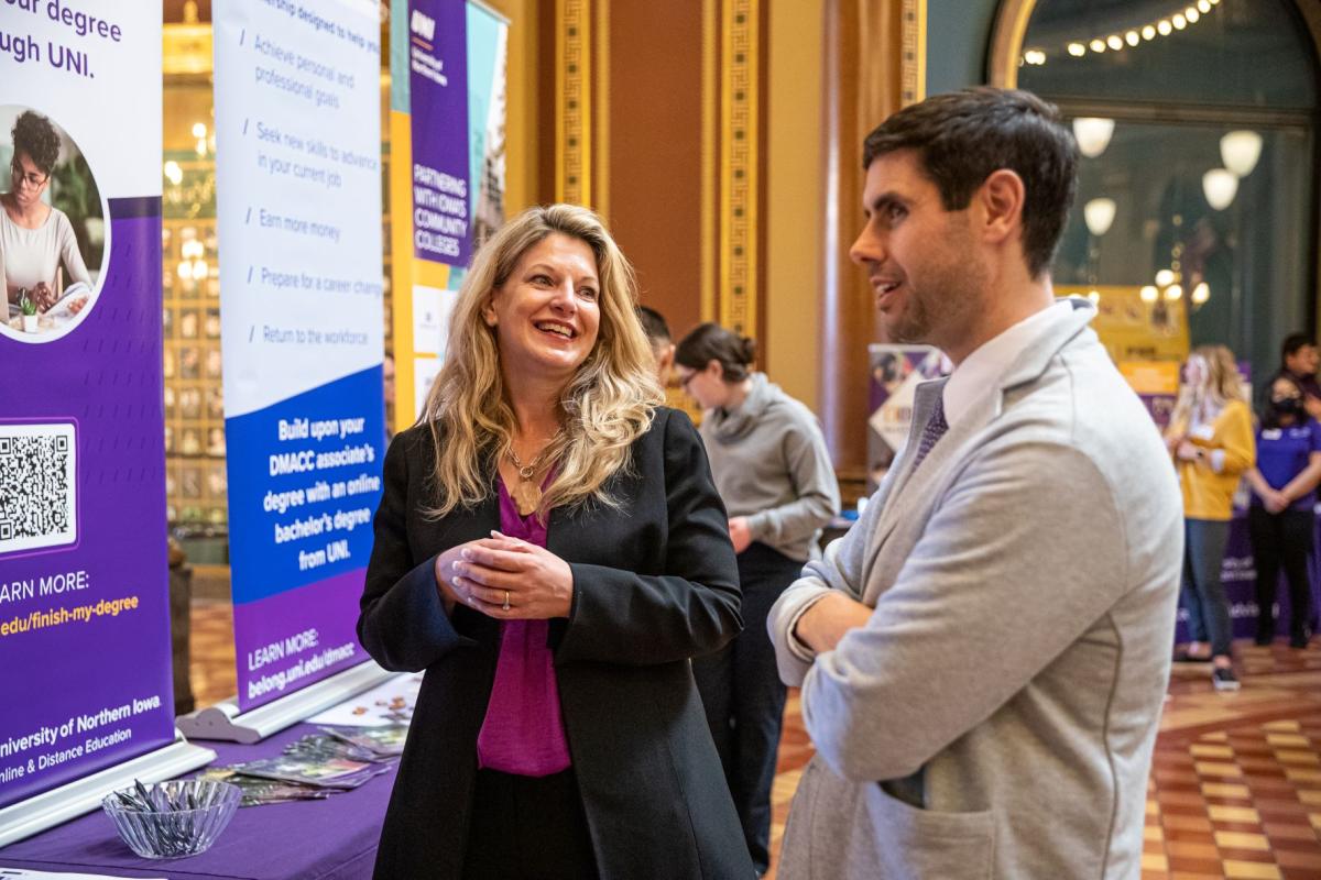 UNI Day at the Capitol: Senator Nate Boulton and UNI's Andrea Elliott visiting about UNI@DMACC