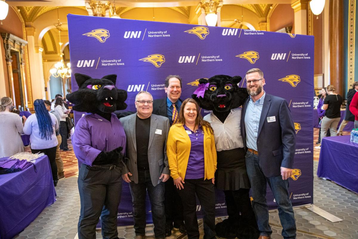 UNI Day at the Capitol: UNI's mascots TK and TC with Representative Bob Kressig and three members of the Cedar Falls City Council