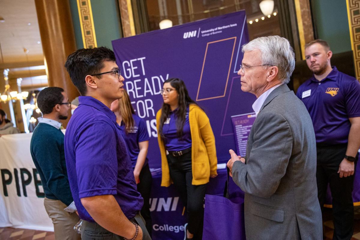 UNI Day at the Capitol: Representative Dave Williams visiting with UNI Business School students