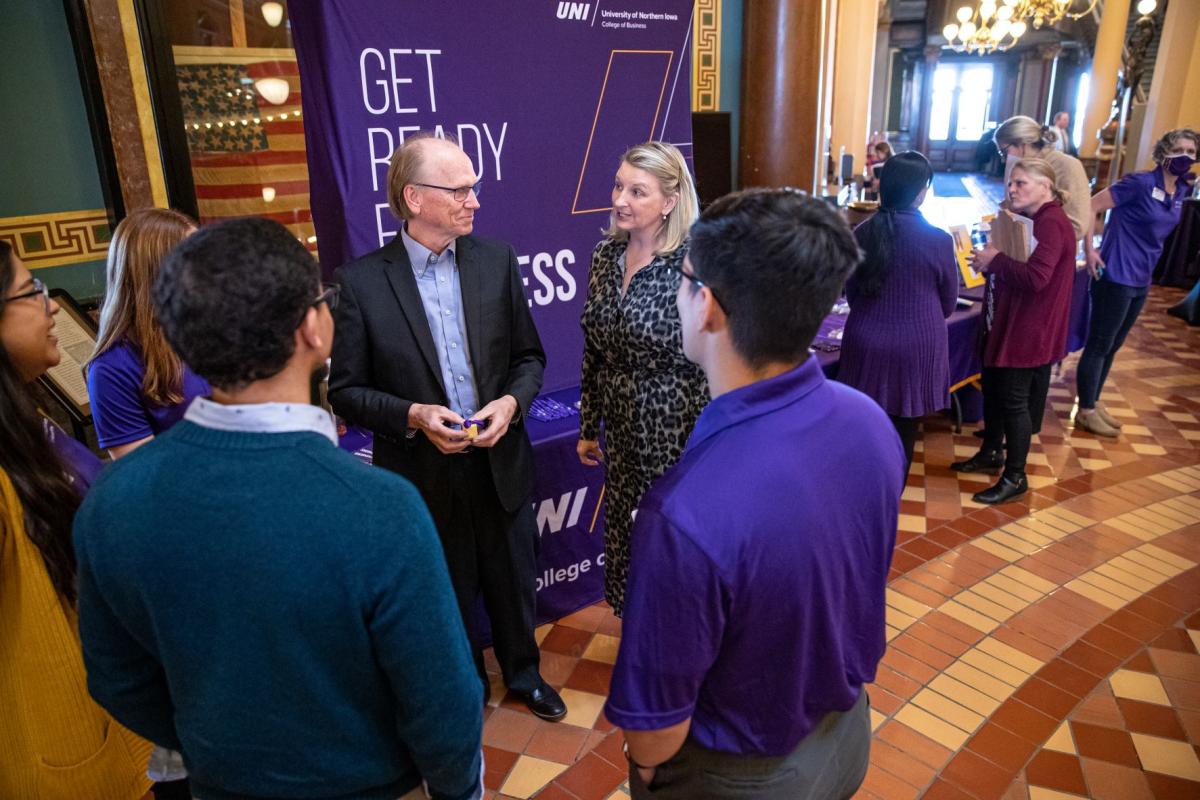 UNI Day at the Capitol: Representative Steve Hansen and Representative Amy Nielsen visiting with UNI Business college students